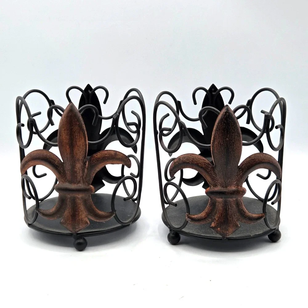 Retro PAIR of Pier 1  METAL Fleur-de-Lis Candle Holders‎  Hurricane Vase Rustic